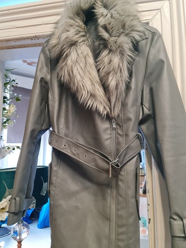 Faux leather grey fur collared - faux,