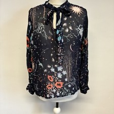 Lily & Lionel Horoscope Blouse Size Small Navy Blue Tie Neck Starsign