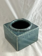 VINTAGE teal blue/green glazed square pottery vase 9cm tall