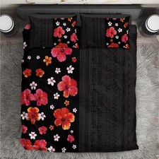 Hawaii Hibiscus and Plumeria Flowers Bedding Set Tapa Tribal Pattern Half Style