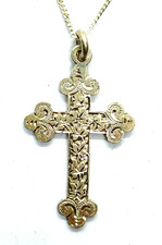 Antique 1898 Victorian Chester Sterling Silver  Ivy Cross Pendant Necklace