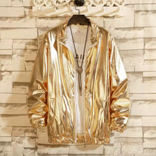 Mens Jacket Streetwear Coat Gold Silver Outerwear Shiny Tops Clubwear Hiphop
