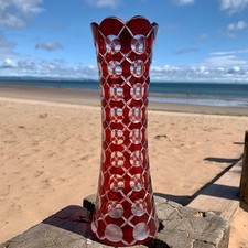 RARE 28cm tall vintage Bohemian Deep Ruby Red Cut-To-Clear Glass Lighthouse Vase
