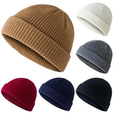 Mens Mini Short Fisherman Beanie Hat Winter Warm Knitted Ribbed Docker Skull Cap