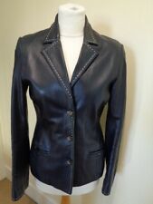 JANE NORRIS NAVY BLUE LEATHER BLAZER WITH WHITE TACK STITCH DETAIL - SIZE 10