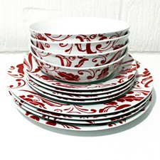 Dinner Set 12 Piece Red Damask | White Porcelain 4 Plates 4 Side Plates 4 Bowls