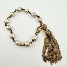 Vintage Faux Pearl Tassel Bracelet Baroque Brass 6.5”