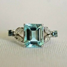 3.10 CT Vintage Emerald Cut Aquamarine Diamond Wedding Ring 14K White Gold Over