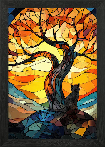 Stained glass cat - glass, tree