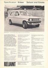 Reliant Kitten Specifications 1975-76 UK Market Single Sheet Brochure 