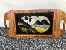 Vintage Butterfly BDG Brazilian Santos Scene Inlaid Wooden Coffee Handled Tray