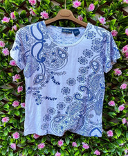 Artscapes White & Blue Print Sequin Adorned Cotton T-shirt Top Size M