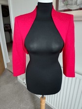 PLANET RED BOLERO JACKET IN TEXTURED FABRIC & LINED-WORN TWICE-3/4 SLEEVES-UK 8