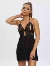 Ann Summers Black Lace Diamond Kiss Peephole Babydoll Top Size Medium