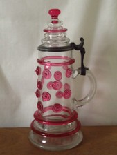 RARE UNUSUAL ANTIQUE BOHEMIAN GERMAN BEER STEIN HANDBLOWN CRANBERRY GLASS PRUNTS