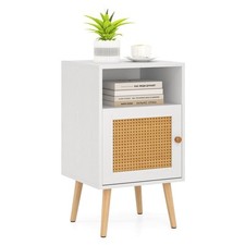 Costway Rattan Nightstand Bedroom Bedside Table PE Rattan Decorated Door-White