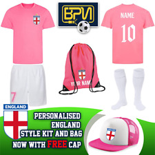 Personalised Kids Pink England Style Football Kit - Shirt Shorts Bag & Socks