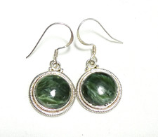 VINTAGE Sterling Silver 925 Round Green Seraphinite Cabochon Drop EARRINGS
