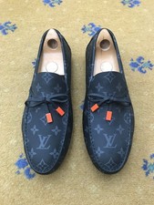 Louis Vuitton Loafers Shoes Drivers Monogram Grey Leather Mens UK 8 US 9 42 NEW