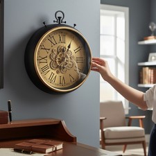 Gear Clock  Black Gold 60cm Moving Gears Roman Numerals Wall Clock Living Room