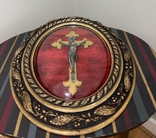Vintage Antique Gilded Crucifix in Oval Frame Velvet Convex Glass Religious Art 