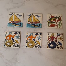 6x Hand Painted Tiles Ocean Nautical Mermaid Dolphin Seagulls Ships SwordFish