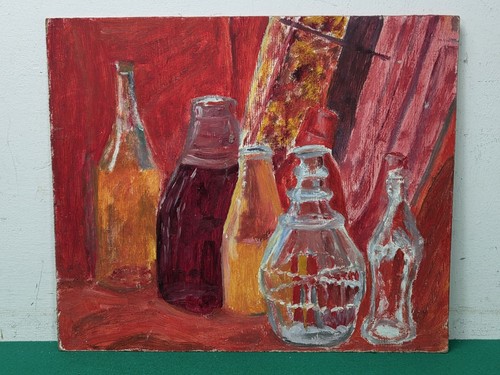 Unsigned bottles oil board - bottles, on