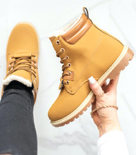 WOMENS COMBAT ANKLE BOOTS FUR LINED LACE UP WARM WINTER GRIP LADIES SHOES SIZE