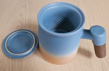 Steeping Ceramic Tea Cup (Mug) with Infuser, Lid and wooden handle (Blue/Golden)