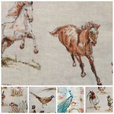 VINTAGE LINEN LOOK COUNTRY SIDE ANIMALS DIGITAL PRINT DESIGNER UPHOLSTERY FABRIC