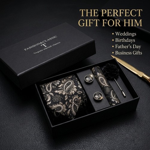 Mens 4pc black paisley tie - mens, set