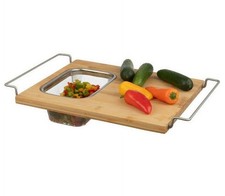 Over The Sink Bamboo Cutting Board Expandable Removable Strainer Wash Tray