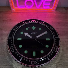 GMT Sub Style Clock Glow in The Dark Silent Non-Ticking Silver Black Dial 12 “