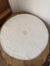 Antique, Hand Embroidered Linen Round, Table Cloth, Doily- 17”