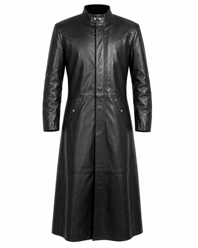 Men black leather long coat - leather,