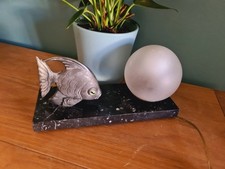Vintage French Lamp Fish Figurine Globe Light Art Deco Marble Base Spelter Rare 
