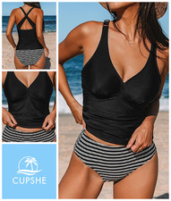 Womens Ladies Tankini Set Size 10 S Non Wired Padded Top Retro Mid Rise Brief