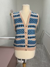 Vintage 1940s Fair Isle Hand Knit Waistcoat Sleeveless Jumper Vest Blue Landgirl