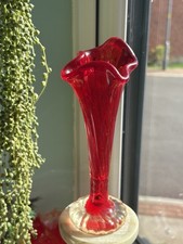 Vintage Red Glass Vase Ribbed Twisted Stem Handblown Mid Century