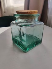 Heavy Vintage Recycled Green/Blue Glass Jar with Cork, Spain, 14cm x 11cm x 11cm