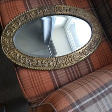 Antique Vintage Arts And Crafts Brass Bevelled Oval Mirror Acorns Design
