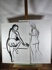 MOLLIE WALLACE ORIGINAL NUDE LIFE DRAWINGS SET OF TWO INK AND CHARCOAL STUDIES
