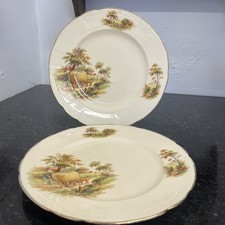 Vintage Alfred Meakin England Plates – Farm Harvest Scene – Gilt Rim – Set of 2