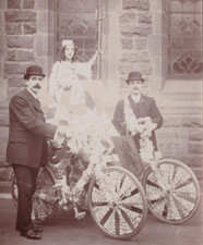 Edwardian Real Photo Postcard Girl Britannia Pageant Costume Bicycle Men Church