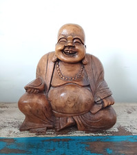 Carved  wood sitting laughing Buddha  statute