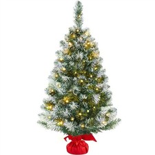 3Ft Frosted Green Tabletop Artificial Christmas Tree Cement Base W 50 LED Lights