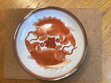 Vintage Japanese Porcelain Wares Hand decorated Koi Carp shallow bowl / dish