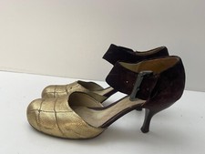 Clarks Heels Gold Brown Leather Mary Janes Courts Ankle Strap Vintage Sz 4 -B27