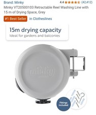 1x Minky Retractable Reel Washing Line with 15 m of Drying Space - Grey UK