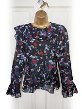 ERDEM X H&M Black Red & Blue Floral Silk Ruffle Chiffon Blouse Top, Sz 8 - NWOT